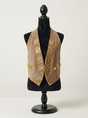 Vintage 90s Whimsigoth Versace Style Greek Key Suede Vest, Made in Canada